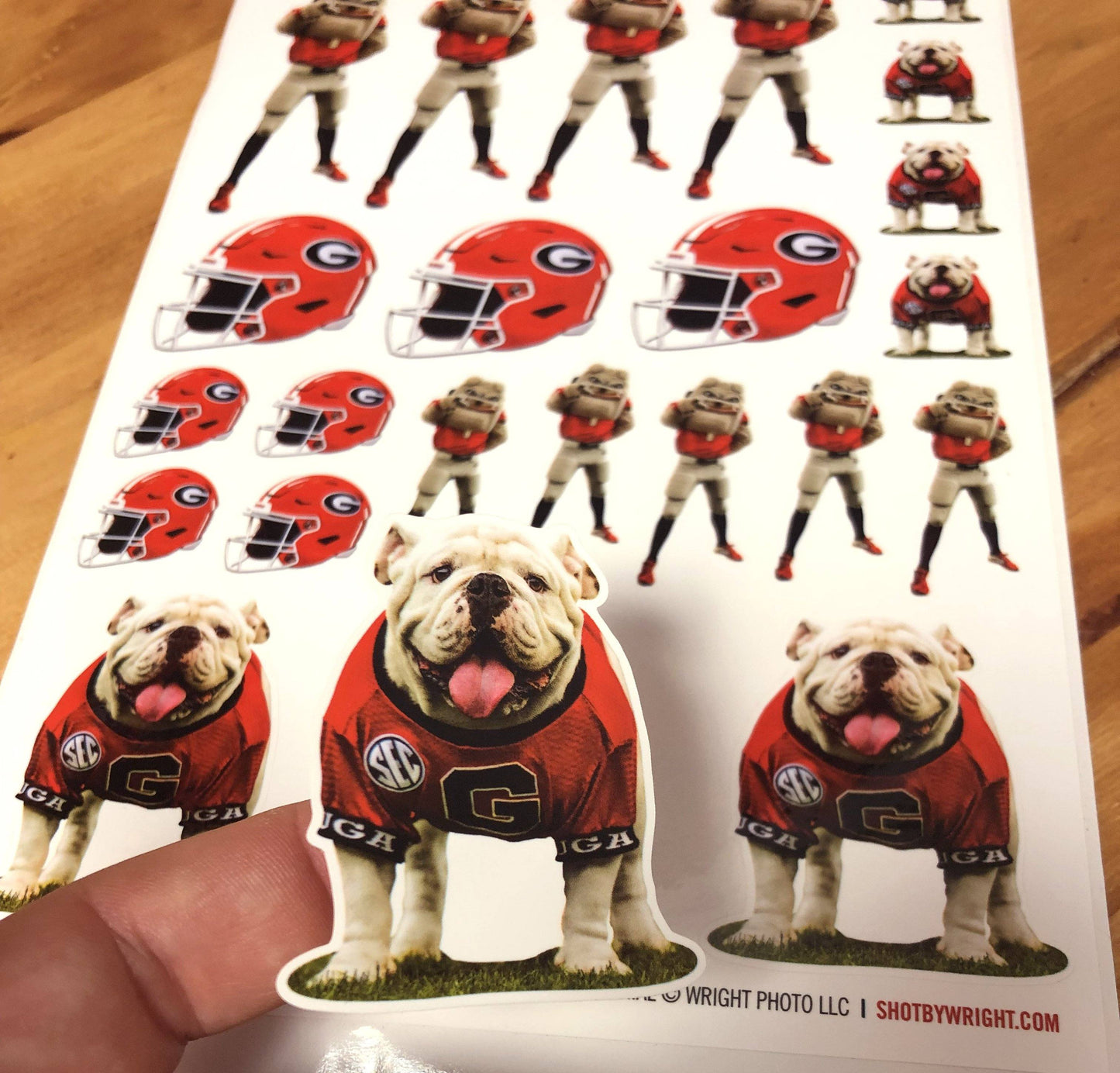 6"x9" Vinyl Photo Sticker Sheet - 33 Die Cut Decals - UGA X + Hairy Dawg + Helmet - Wholesale - WRIGHT PHOTO