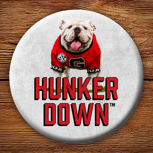 Uga X Mascot Hunker Down 3" Pin-Back Button - Georgia Bulldogs Wholesale